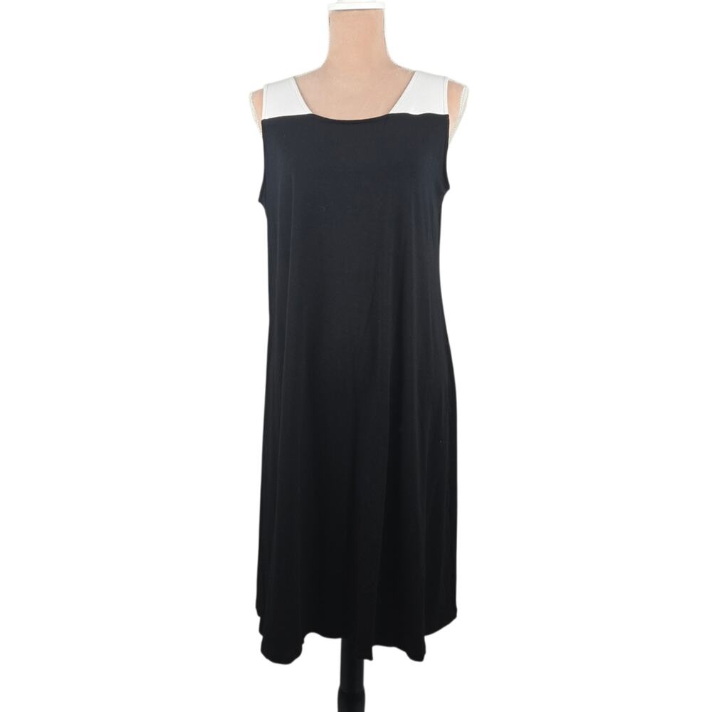 Eileen Fisher Midi Shift Dress Colorblock Cutout Neck Black White Size M